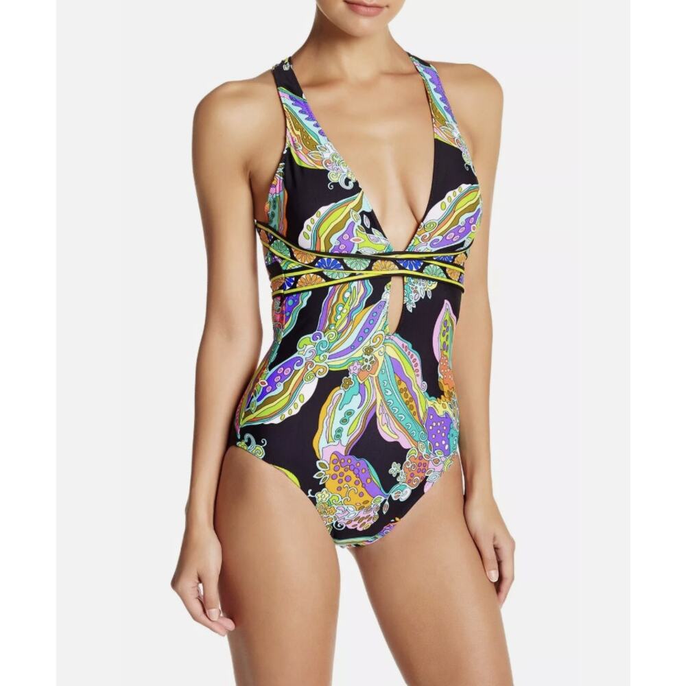 Trina Turk Sea Garden Black Multicolor Floral One-Piece Swimsuit Size 10